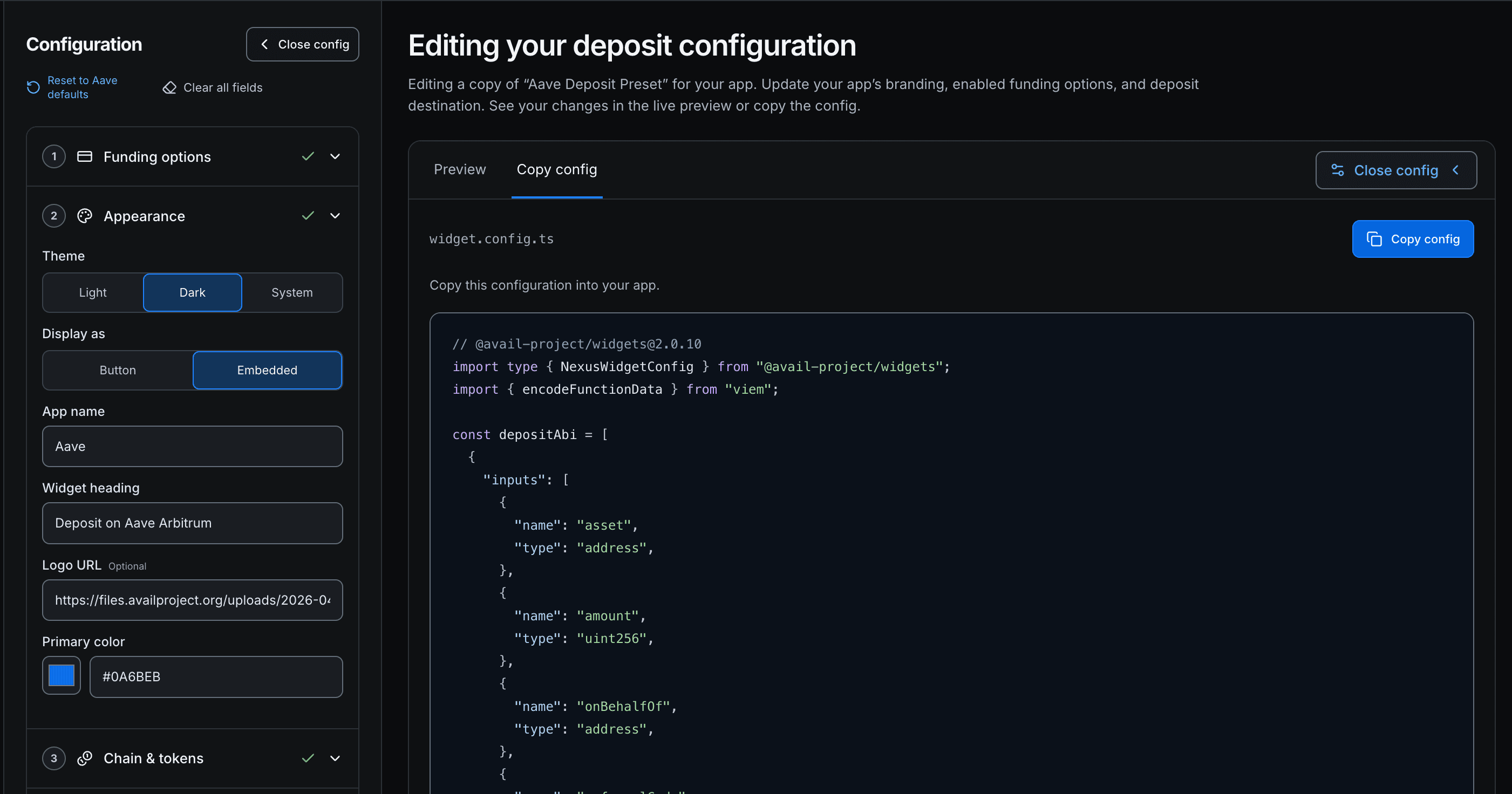Deposit widget configuration editor showing appearance and generated config options