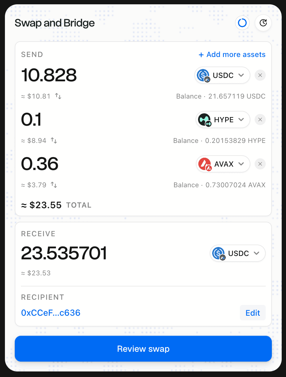 Swap and Bridge widget showing a multi-asset swap