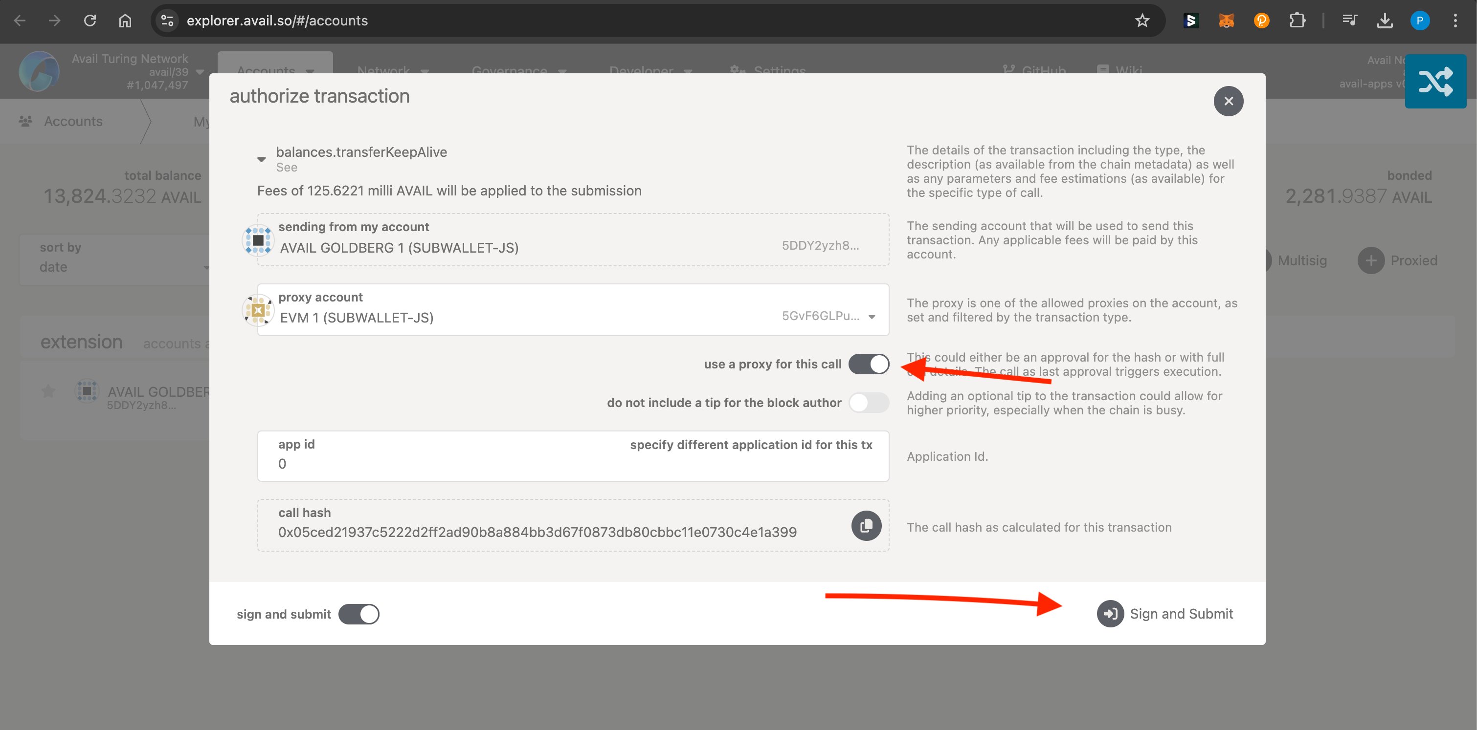 transfer funds via proxy on Avail DA