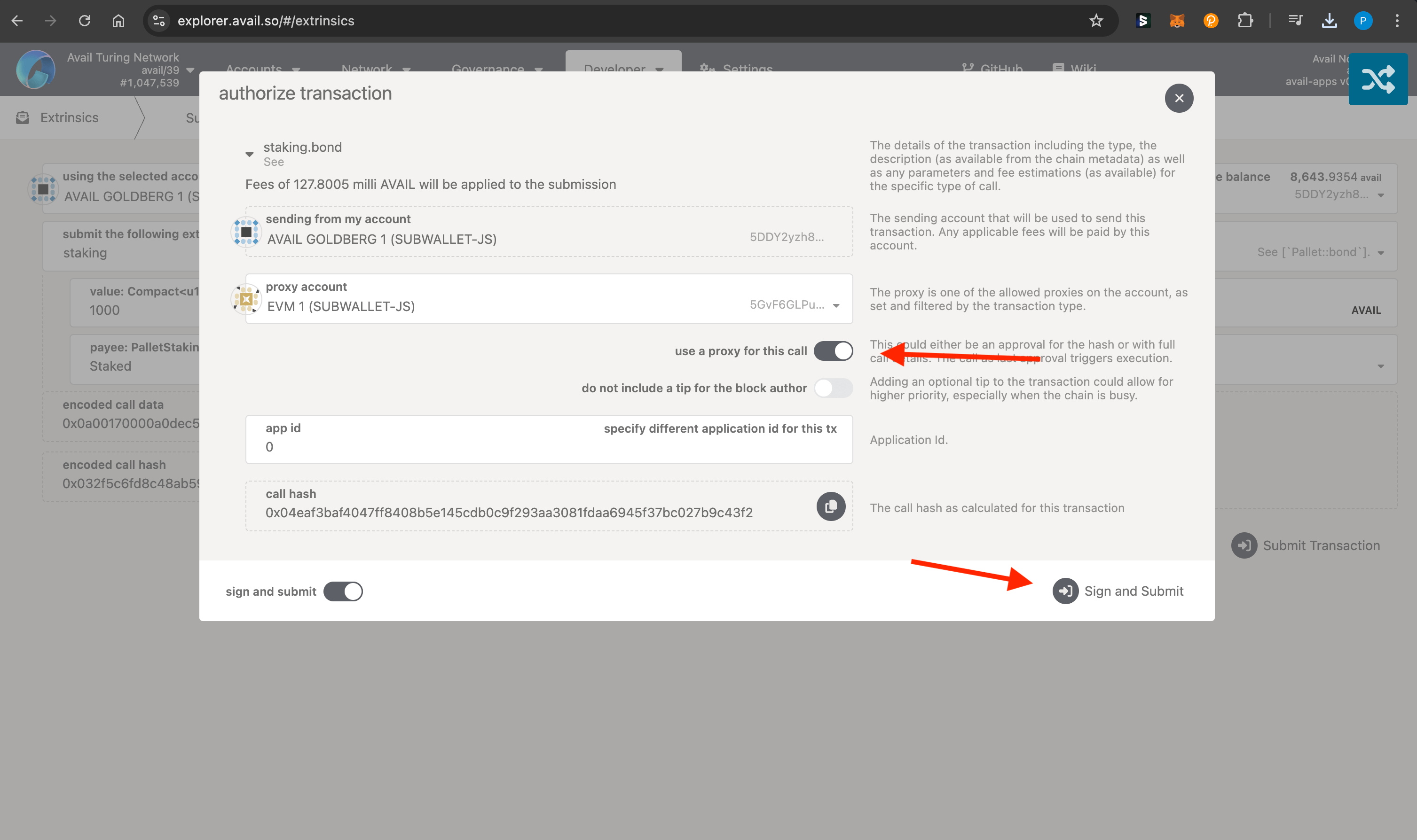 staking txn via proxy on Avail DA